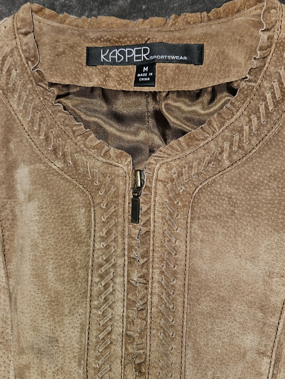 Kasper Women's Suede Jacket Tan Classic Zip Front Ruffle Hems Moto Cowgirl Med - Picture 5 of 7